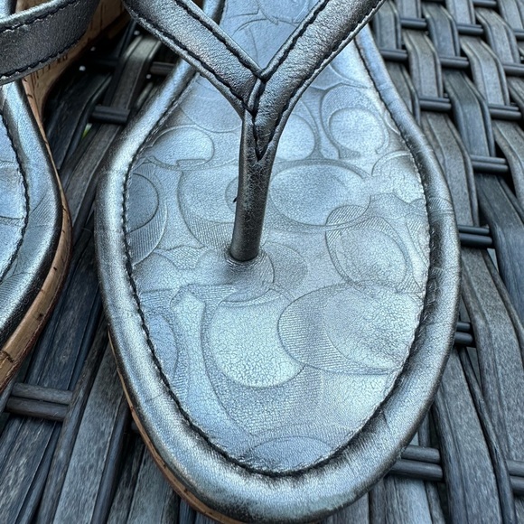 Coach Lannie Metallic Calf Leather Cork Wedge Sandals - Pewter - Picture 13 of 14